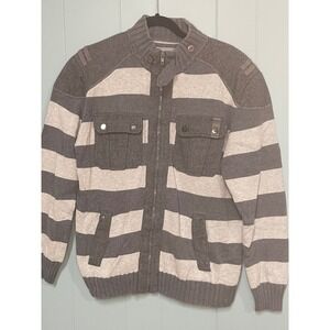 Heritage 1981 Zip Up Sweater Mens XL Grey Striped Wool Blend Mock Neck Jacket